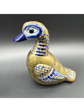 Mexican Tonala Ceramic & Forged Brass Armored Hand Painted Duck Figurine
